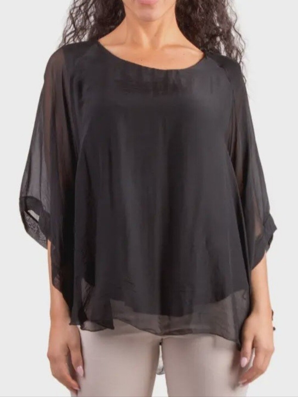 100% Silk Italy Batwing Lagenlook Flowy Top Black Lined Sheer Drapey ONE SIZE